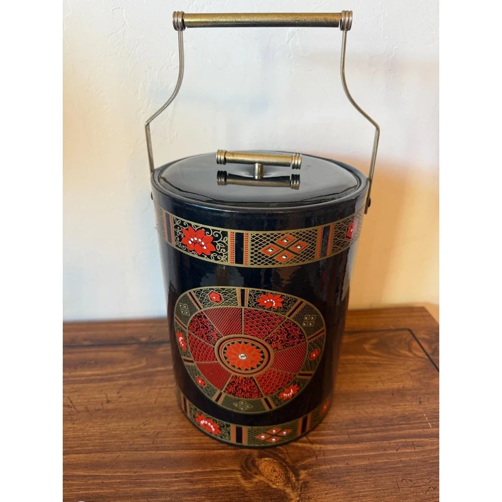 Vintage Chinoiserie Ice Bucket Faux Bamboo Handle Red and Black Intricate Design